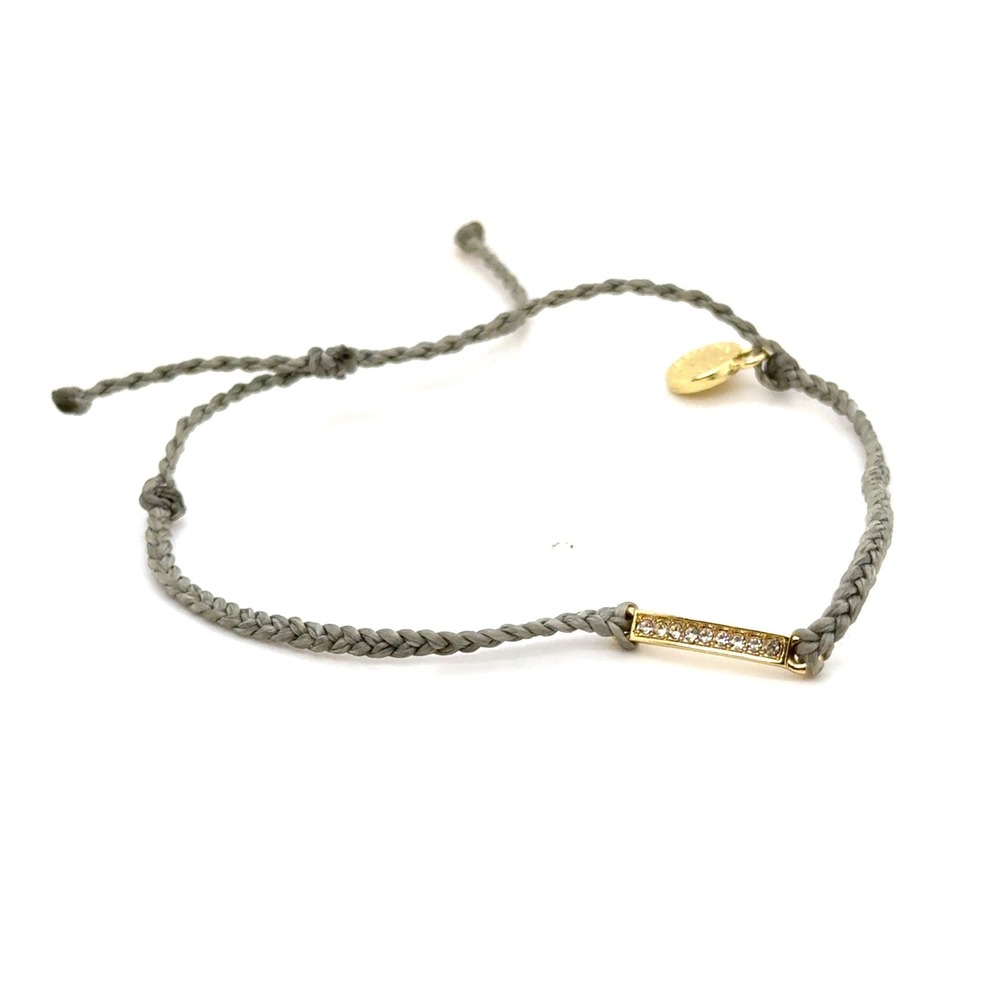 Pura Vida Grey Braided Cord Bracelet Gold Pave Crystal Bar Charm Adjustable